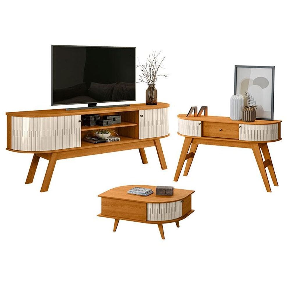 Rack Bancada Valência e Aparador Estoril com Mesa de Centro Indianápolis Cinamomo Off White – Madetec
