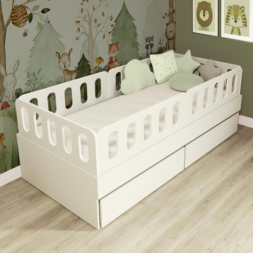 Cama Solteiro Mdf Branco com 02 Gavetas 04 Grades e Cabeceira Anatômica Mobilistore