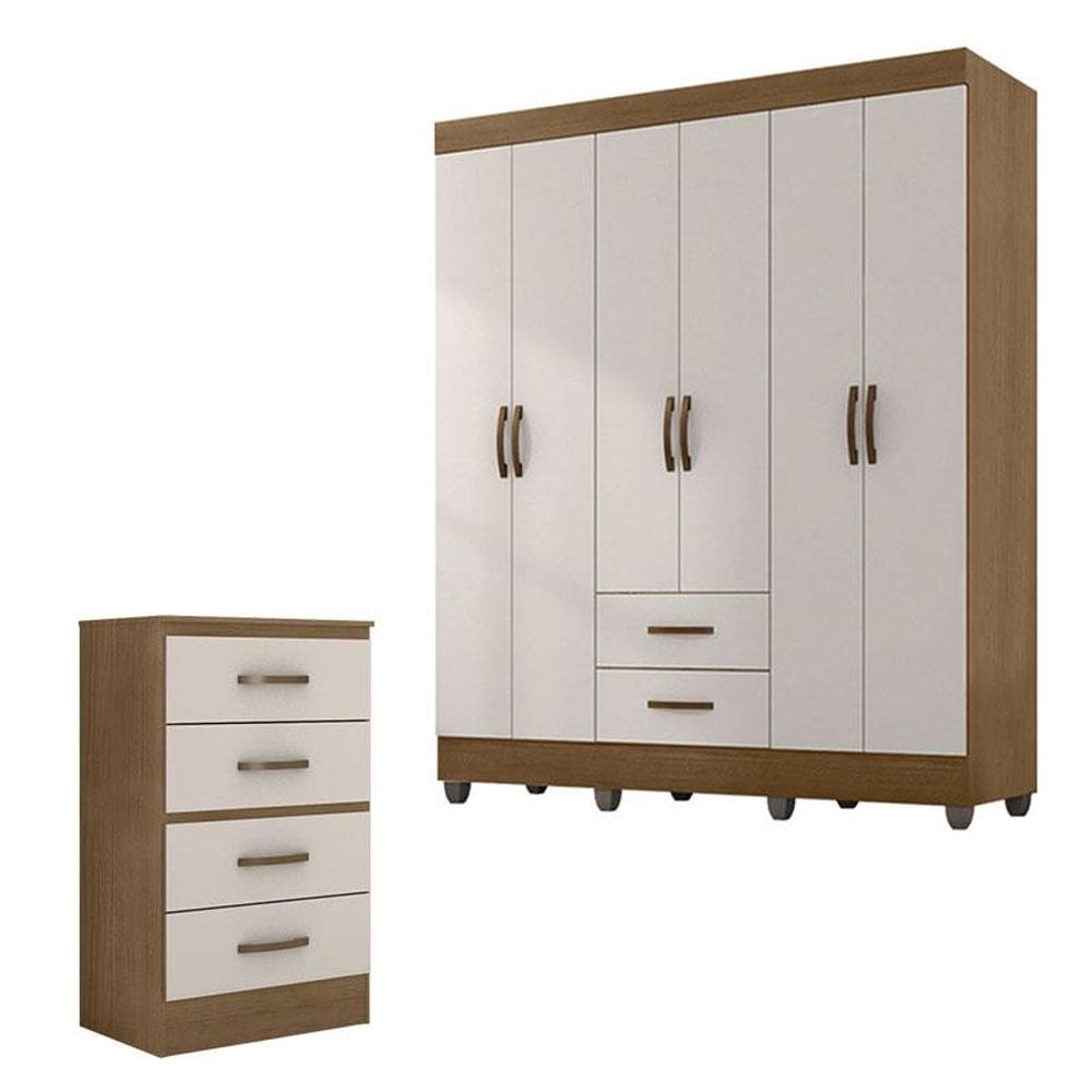 Guarda Roupa Casal 6 Portas e Cômoda 4 Gavetas Lite Nature Off White - Móveis Leão