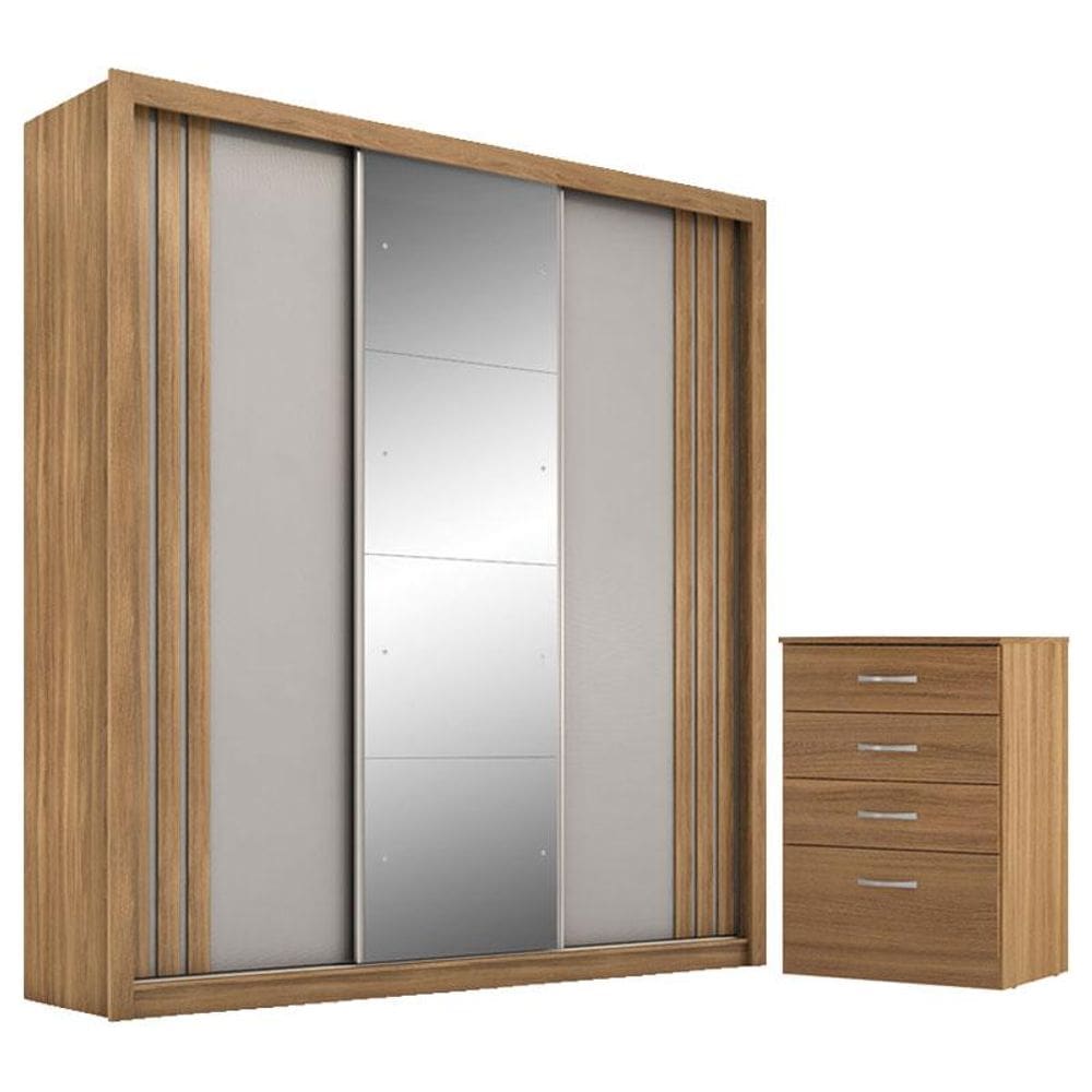 Cômoda Astral e Guarda Roupa Casal Moema Amêndola Nude Flex com Espelho - Demóbile