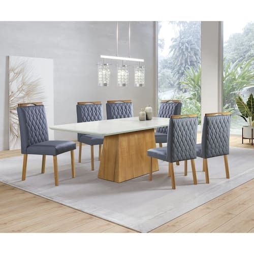 imagem-Sala de Jantar com Vidro 6 Cadeiras 2,0x0,90m - Amsterdã - Art Salas - Off White 