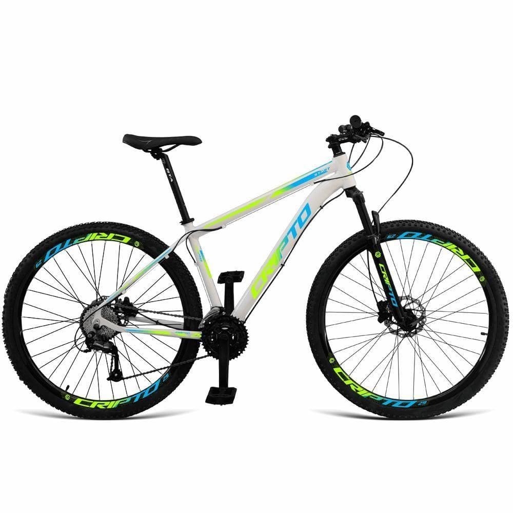 Bicicleta Aro 29 Cripto 27v Shimano Fr. Hidraulico Trava-k7 - Branco-verde E Azul - 21"