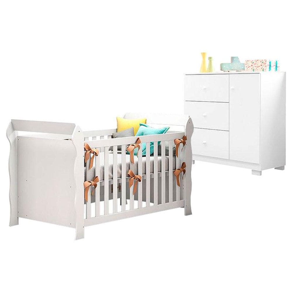 Berço Americano Lara com Cômoda Infantil Duda Branco Brilho - Phoenix Baby