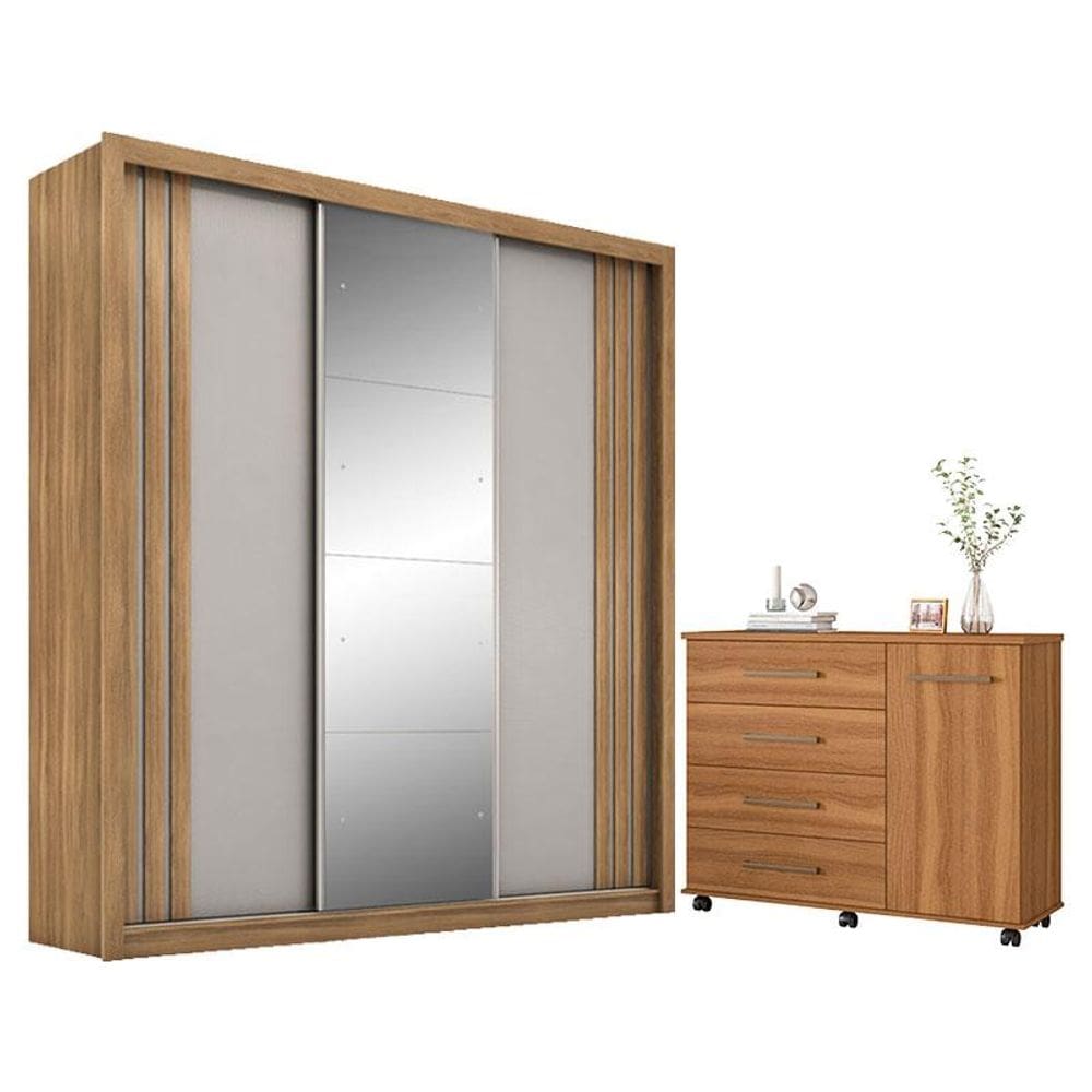 Cômoda Flora e Guarda Roupa Casal Moema Amêndola Nude Flex com Espelho - Demóbile