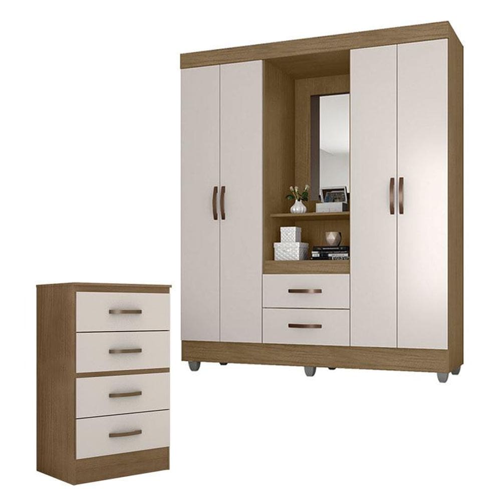 Guarda Roupa Casal Capela e Cômoda 4 Gavetas Lite Nature Off White - Móveis Leão