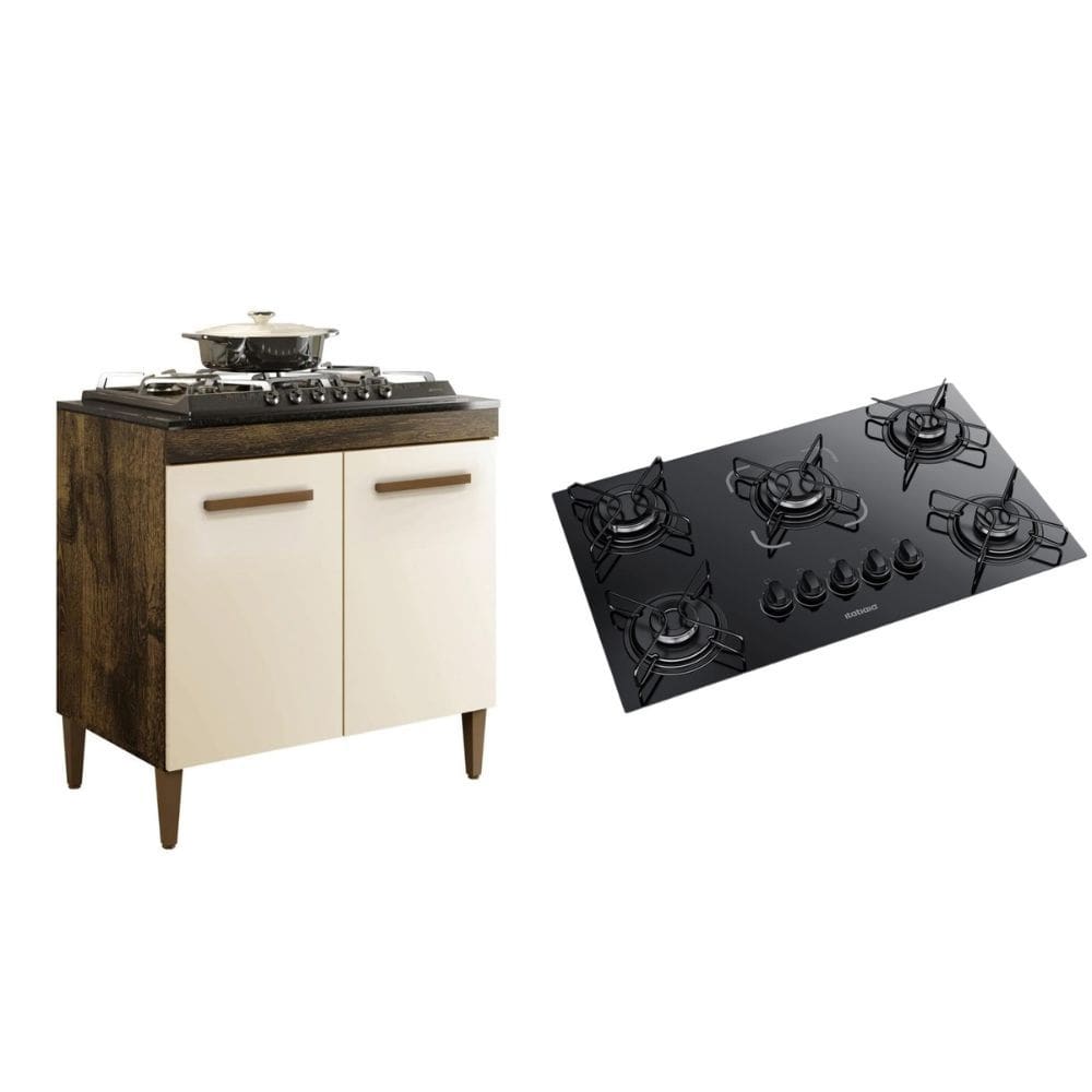 Kit Balcão Cooktop 5 Bocas Preto Ultra Chama Bivolt Balcão 2 Portas Ypê/off White Prateleira