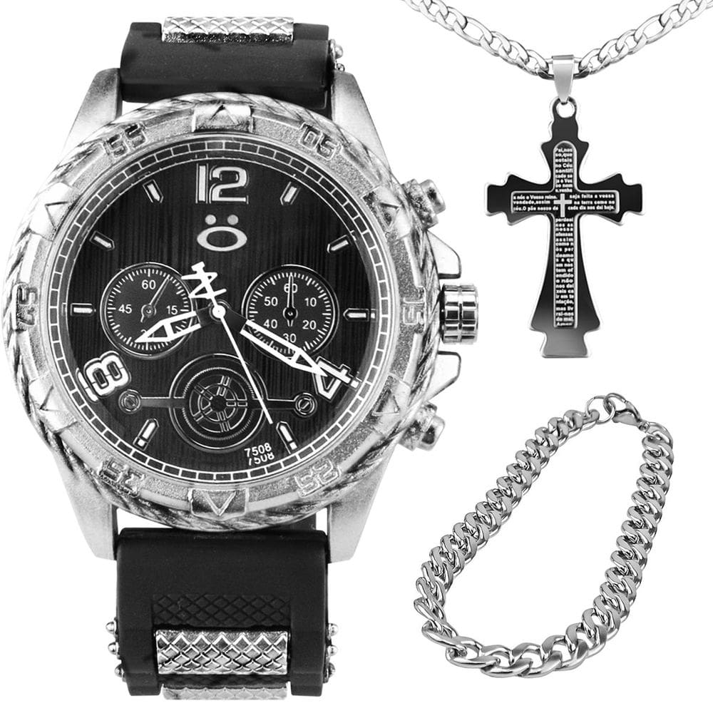 Relogio masculino aço prata + pulseira + cordao crucifixo casual presente analogico social