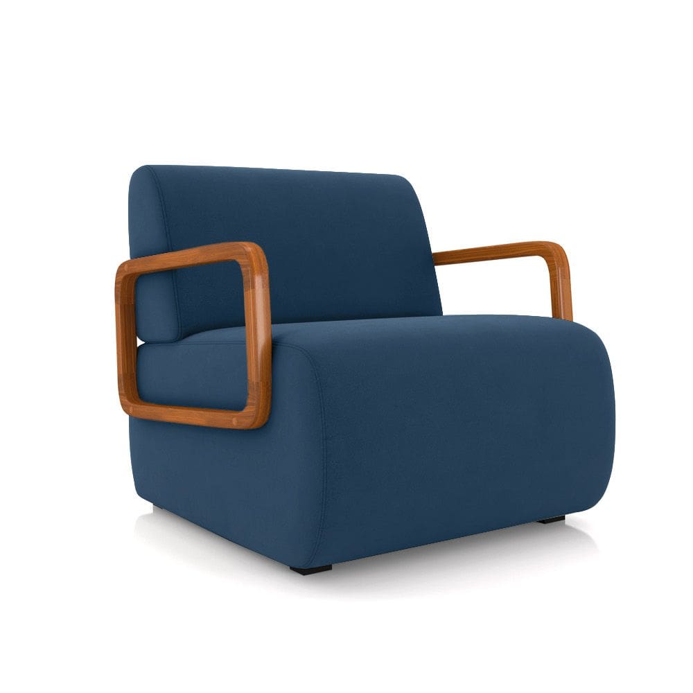 Poltrona Sala de Estar Braço de Madeira Hellen Veludo Azul Marinho K01 - D`Rossi