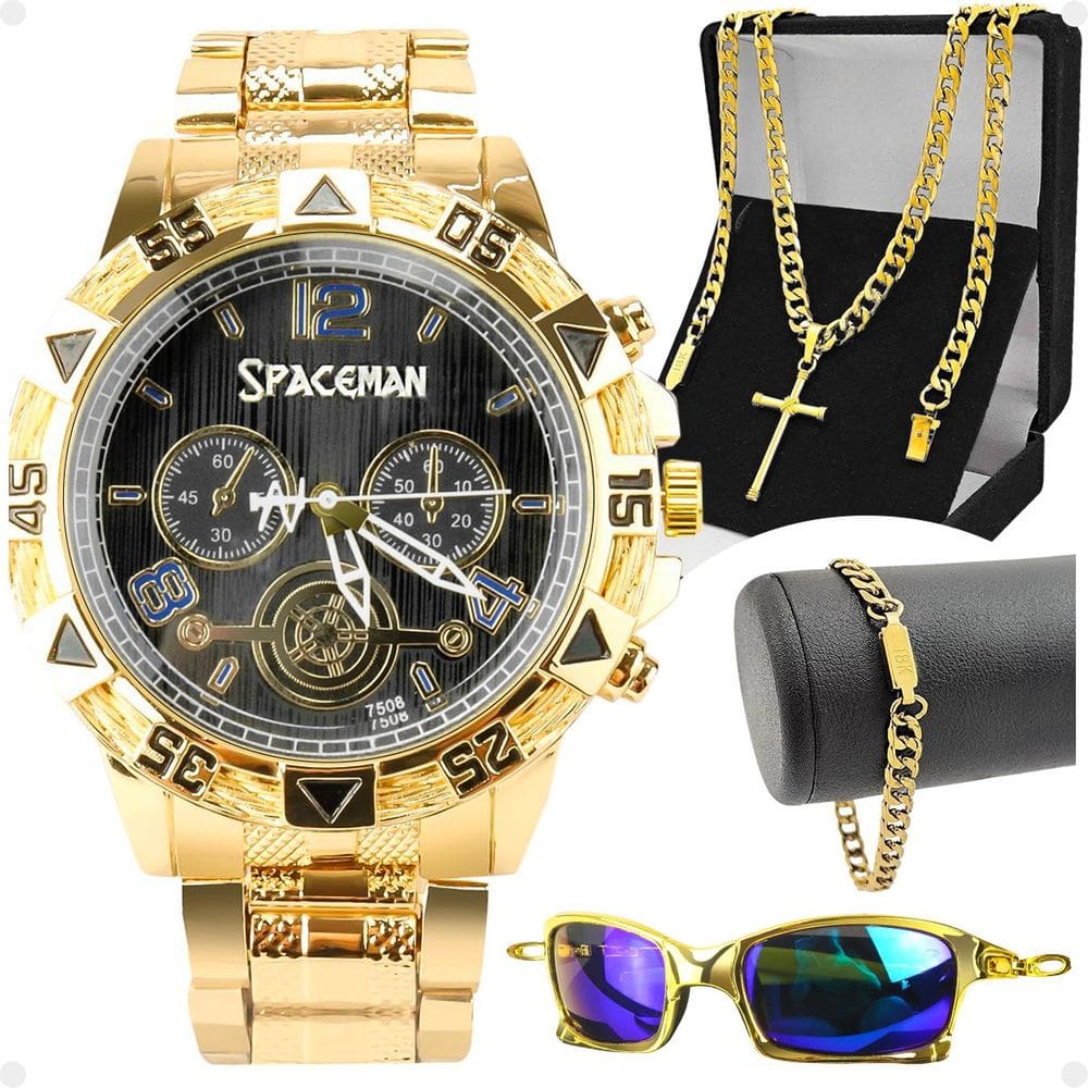 relogio banhado masculino + oculos sol + pulseira + cordão