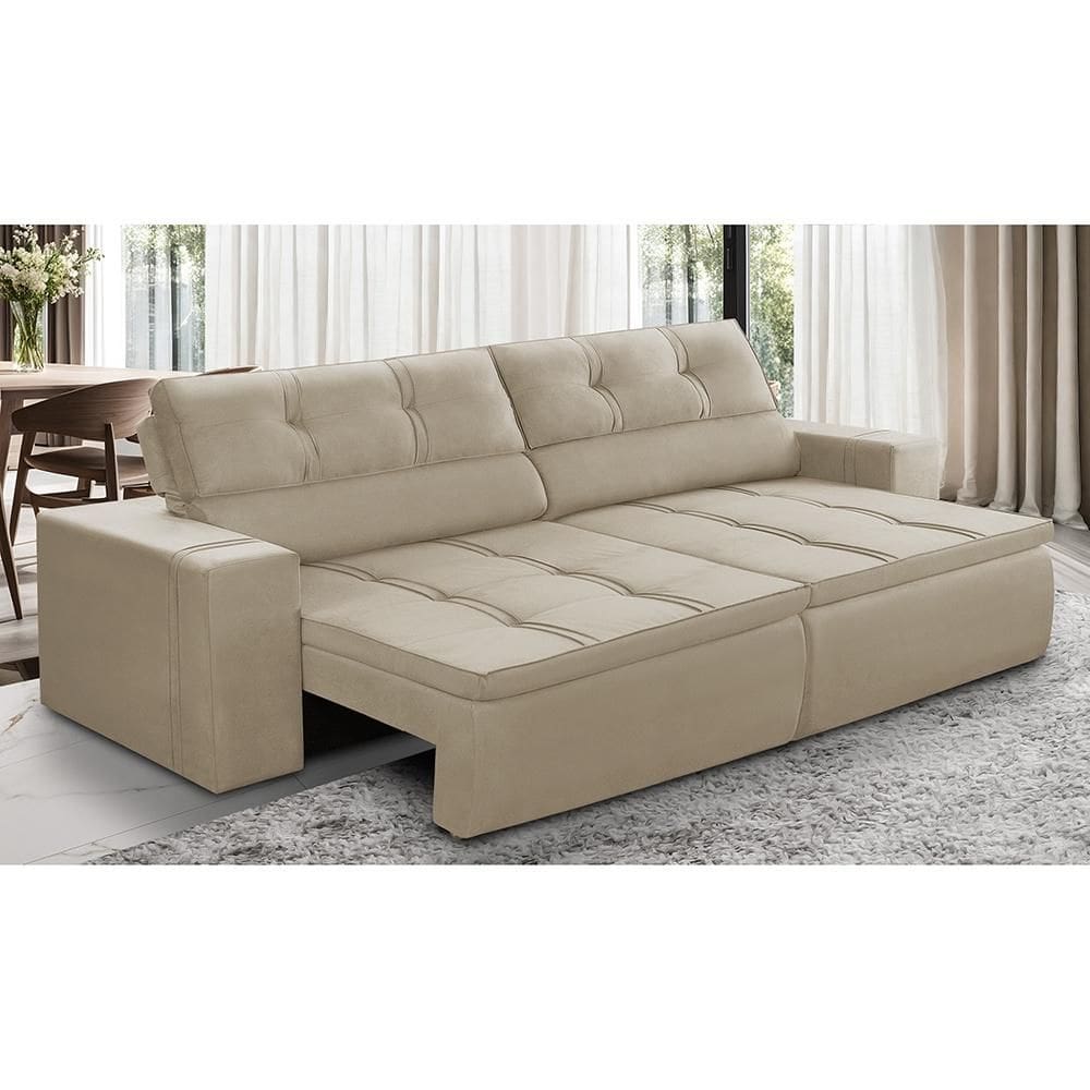Sofá Retrátil e Reclinável 3 lugares 2,50m com Molas Stella Suede Bege Adonai Estofados
