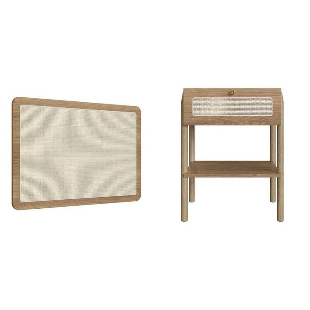 Conjunto Cabeceira Solteiro 90cm e Mesa de Cabeceira 1 Gaveta Pé Madeira Palhinha Oslo Hanover