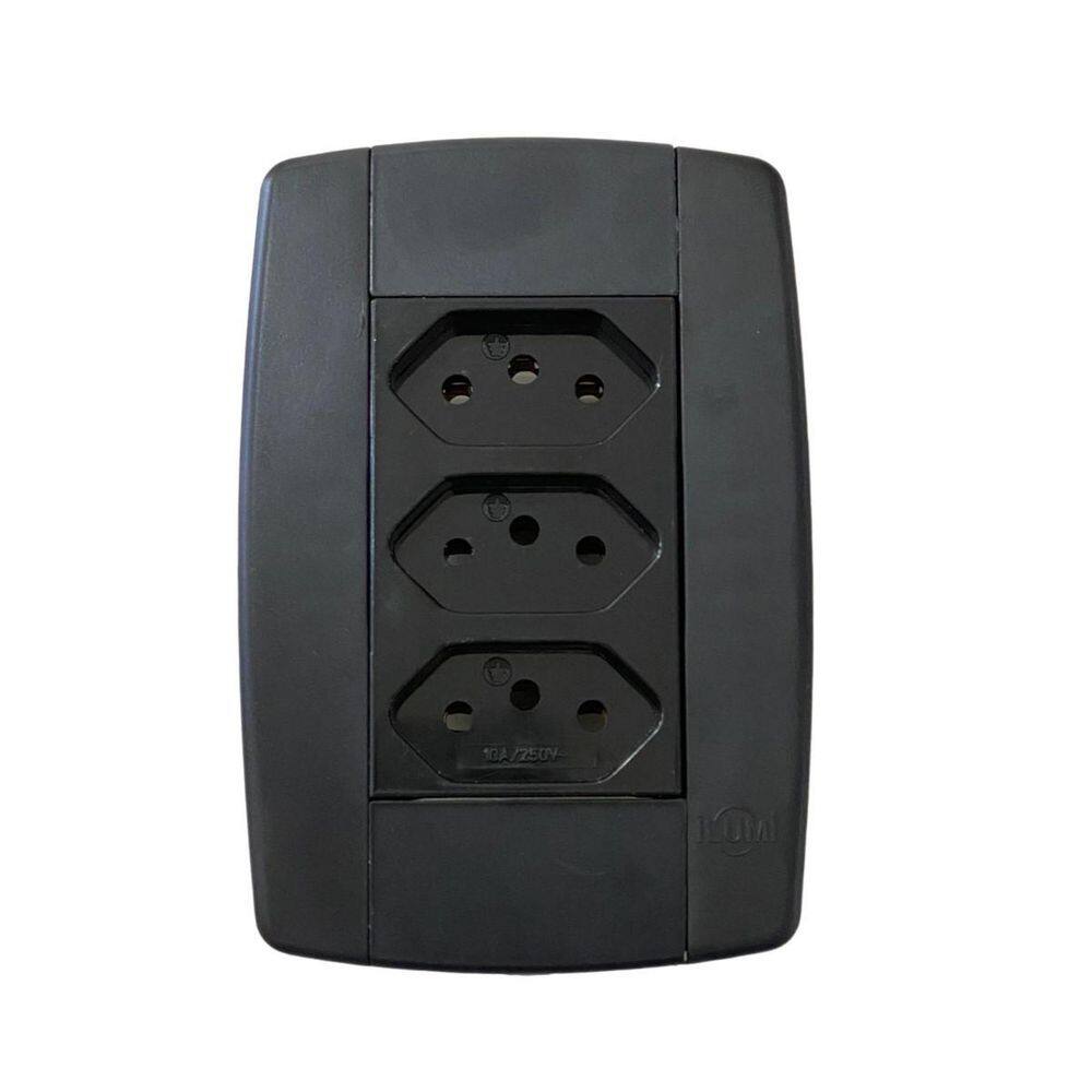 Conjunto 3 Tomadas Preta Monobloco 2P+T 10A 250V 4X2 Ilumi
