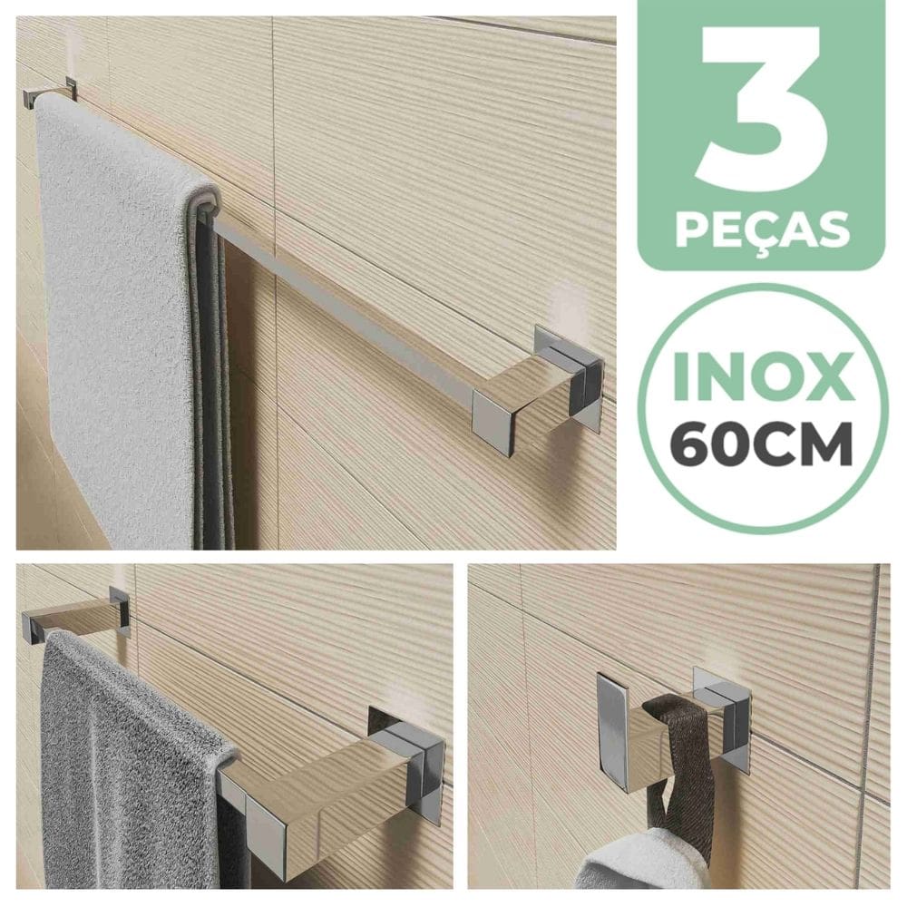 Kit Acessórios Para Banheiro 3 Peças Aço Inox Linha Quadrada Q3