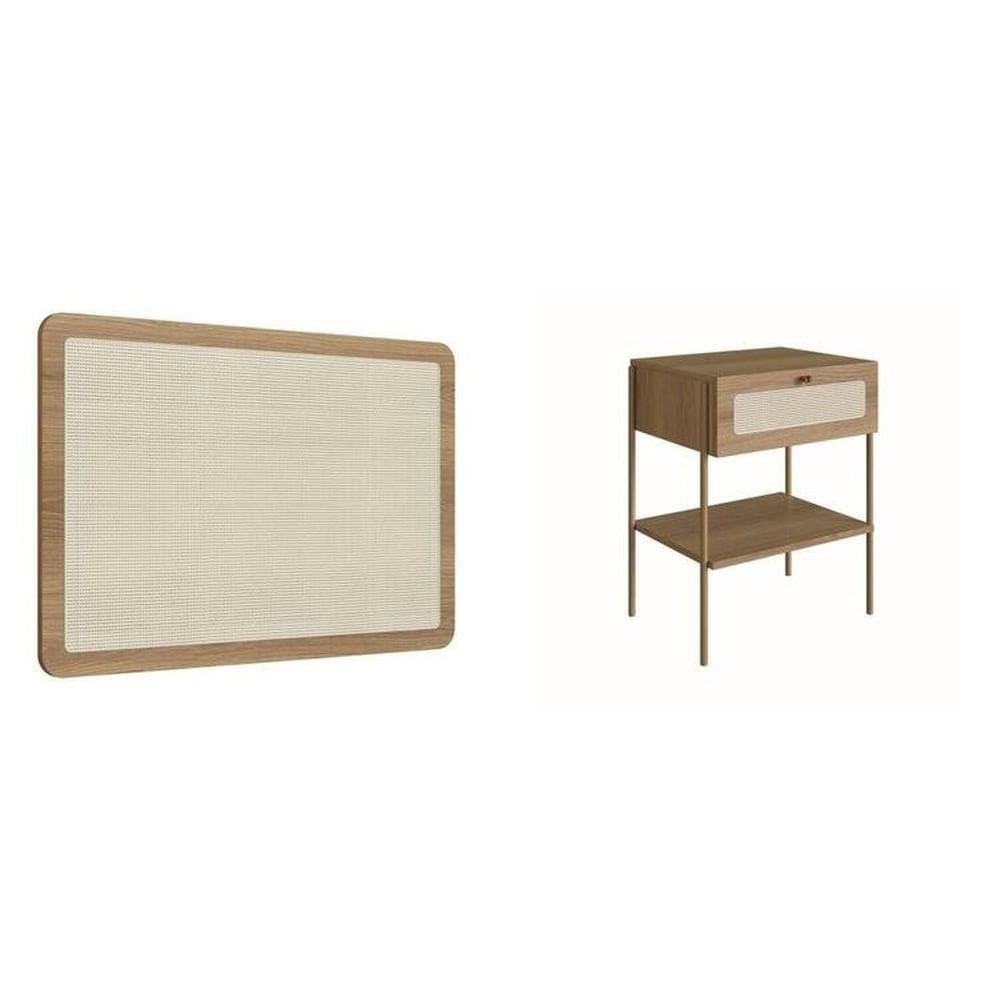 Conjunto Cabeceira Solteiro 90cm e Mesa de Cabeceira 1 Gaveta Pé Metal Dourado Palhinha Oslo Hanover/Dourado