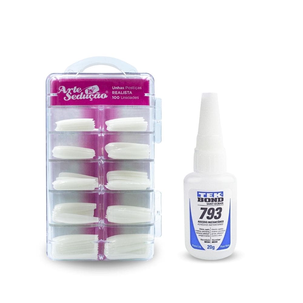 Kit 100 Unhas Postiça Realista + Super Cola TekBond 793 20g