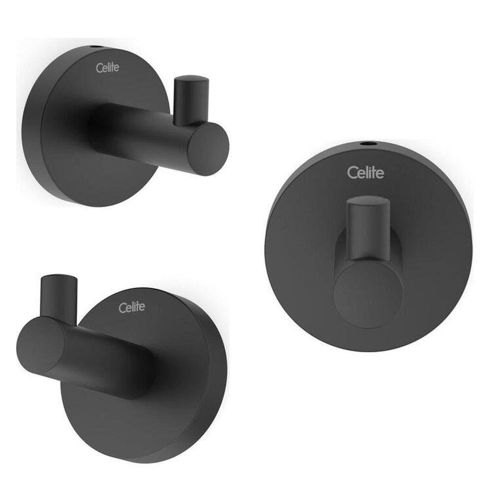 Kit com 3 Cabide New Linha City Banheiro Metal Preto Matte