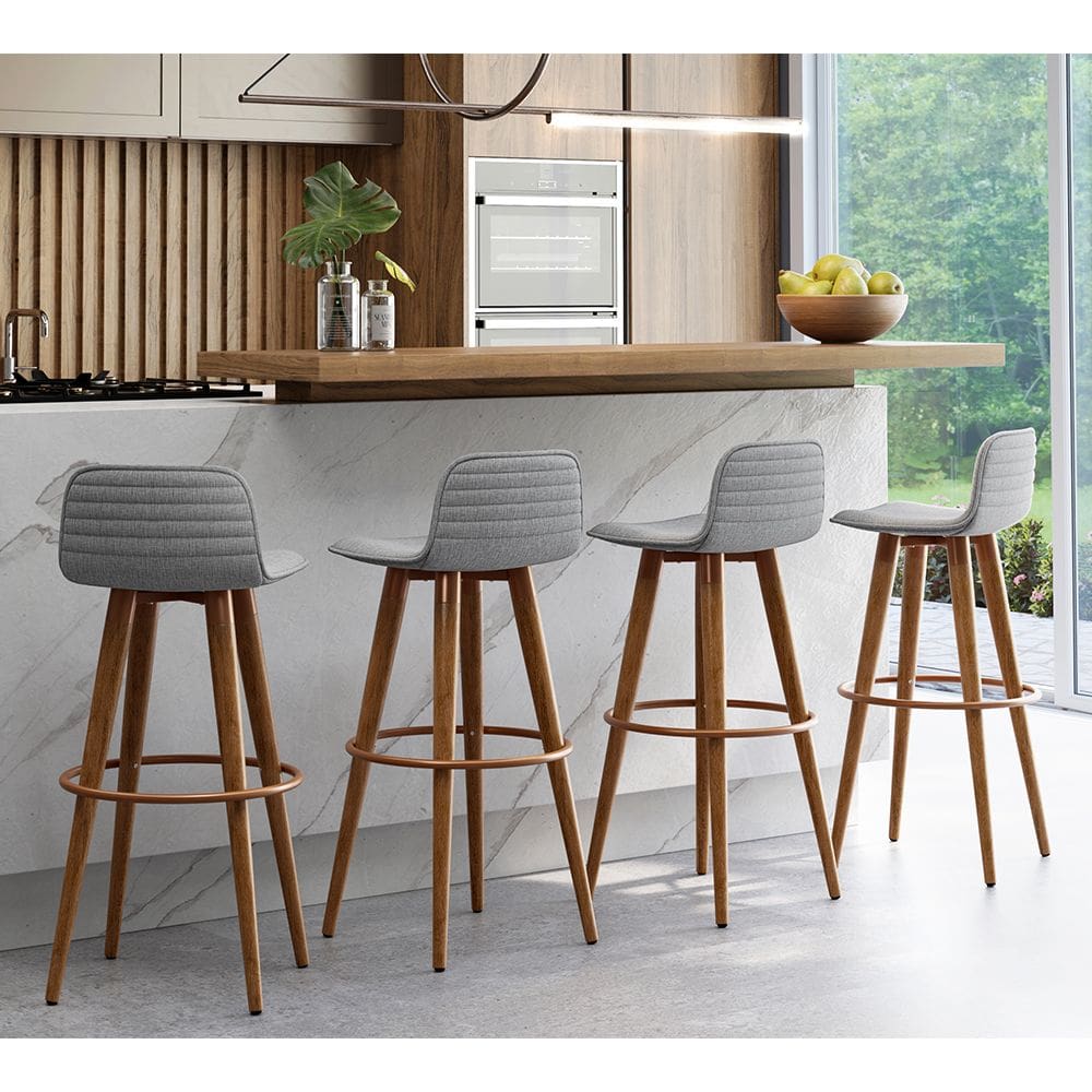 Kit 4 Banquetas Altas Luxo Versatil Aço Cobre Linho Cinza Base Carvalho