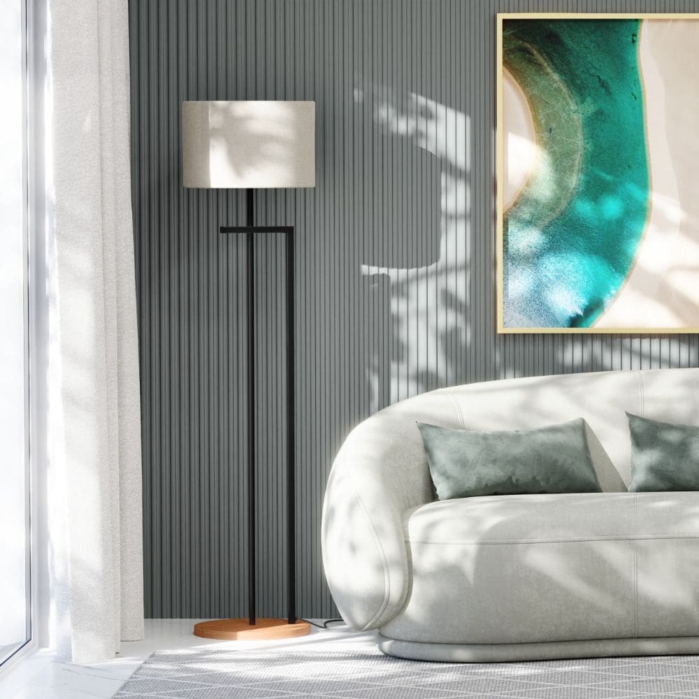 Luminária Salone Aço Carbono Preto Cúpula em Tecido Brugges Palha