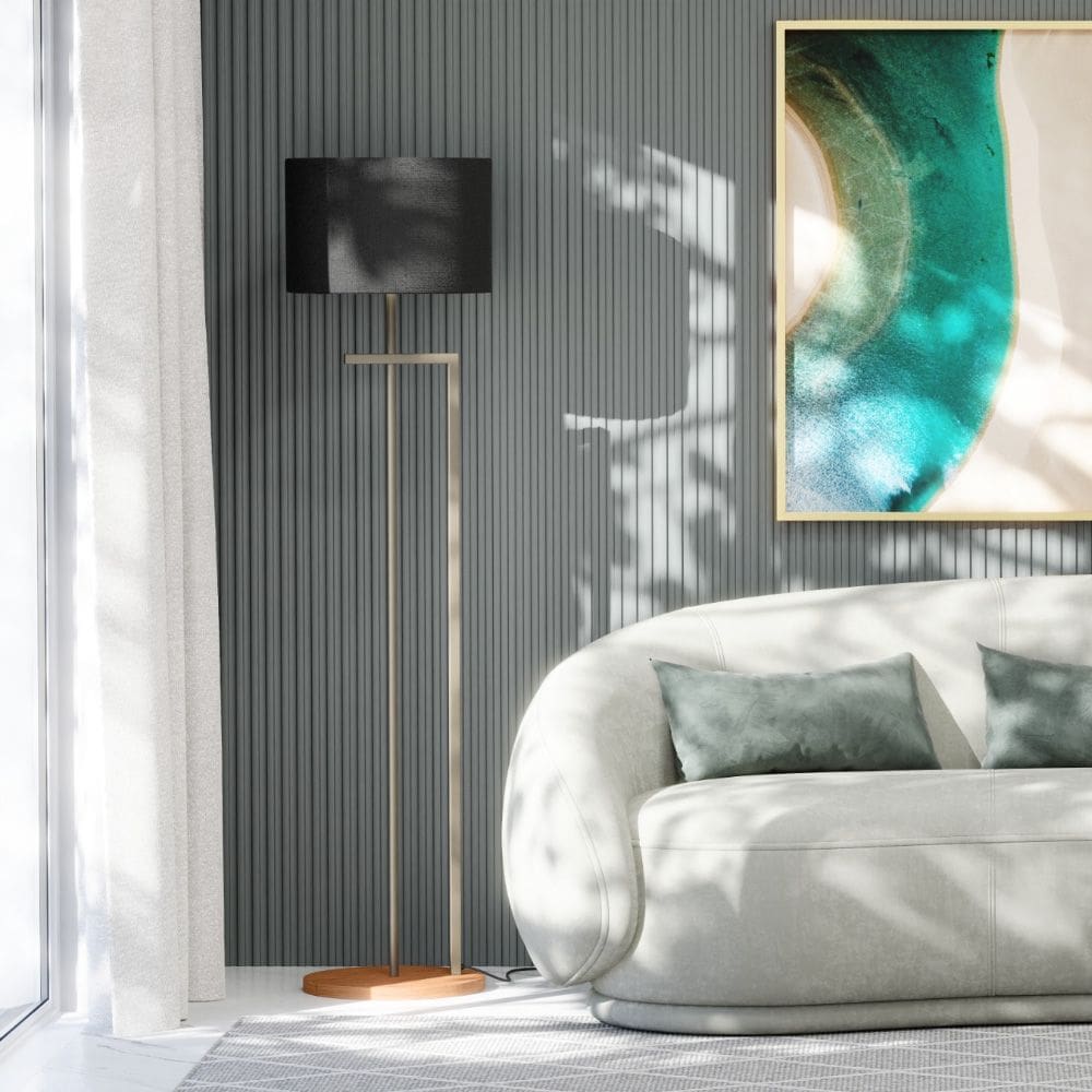 Luminária Indústrial de Chão Salone Champanhe com Cúpula Preta Unidecor