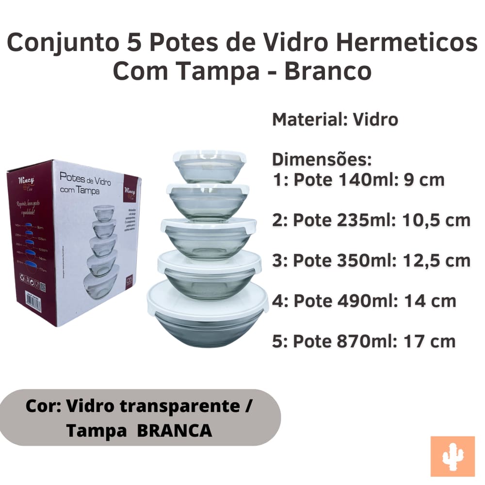 Conjunto 5 Potes de Vidro Hermeticos Com Tampa - Branco