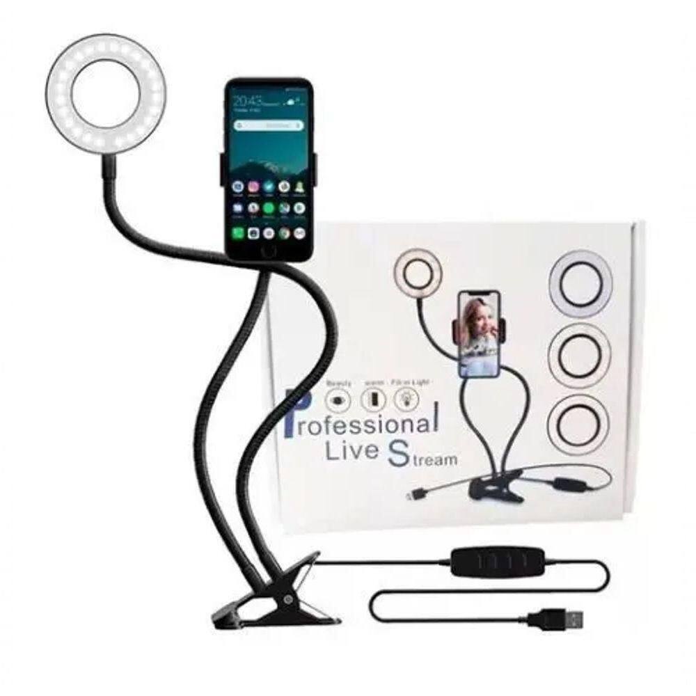 Iluminador Ring Light Suporte Celular Articulado Mesa Live Stream Controle
