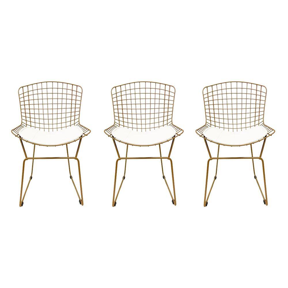 Kit 3 Cadeiras para Cozinha Bertoia tradicional cor Dourado fosco assento branco - Poltronas do Sul