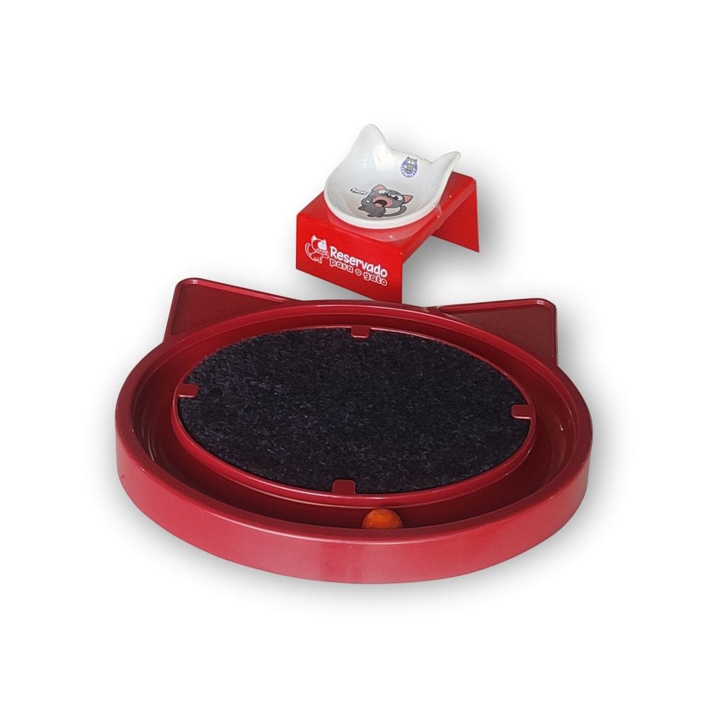 Kit Comedouro Elevado Vermelho + Brinquedo Interativo com Bolinha para Pet