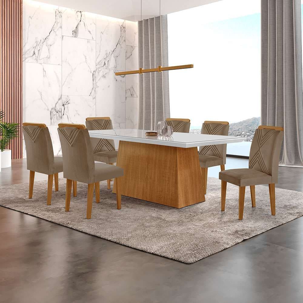 conjunto de mesa de jantar retangular com tampo de vidro off white luna e 6 cadeiras italia veludo capuccino e imbuia