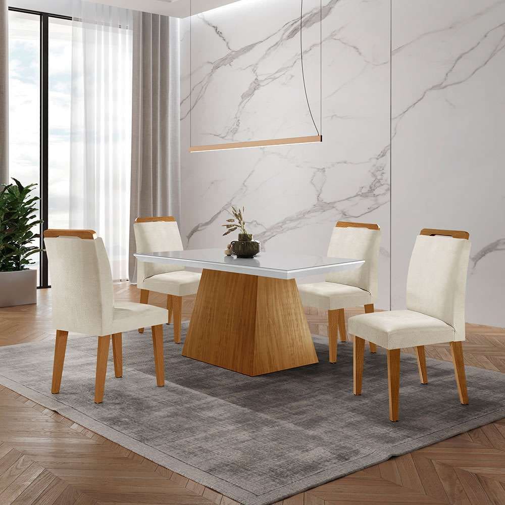 conjunto de mesa de jantar retangular com tampo de vidro off white luna e 4 cadeiras athenas veludo creme e imbuia