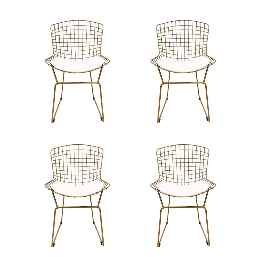 Kit 4 Cadeiras para Cozinha Bertoia tradicional cor Dourado fosco assento branco - Poltronas do Sul
