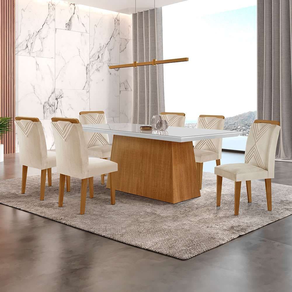conjunto de mesa de jantar retangular com tampo de vidro off white luna e 6 cadeiras italia veludo creme e imbuia