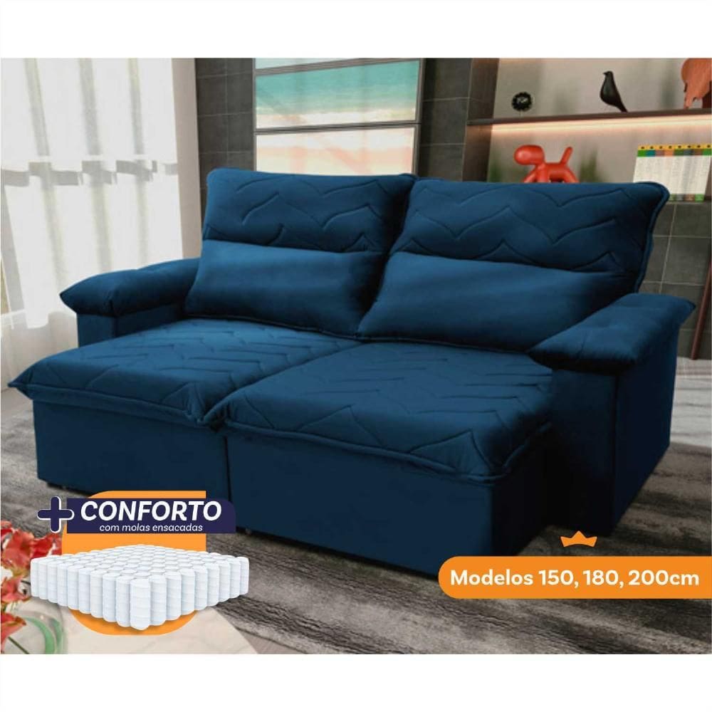 Sofá Retrátil Reclinável Paris 1,50m Suede Velut Azul Molas Ensacadas - King House