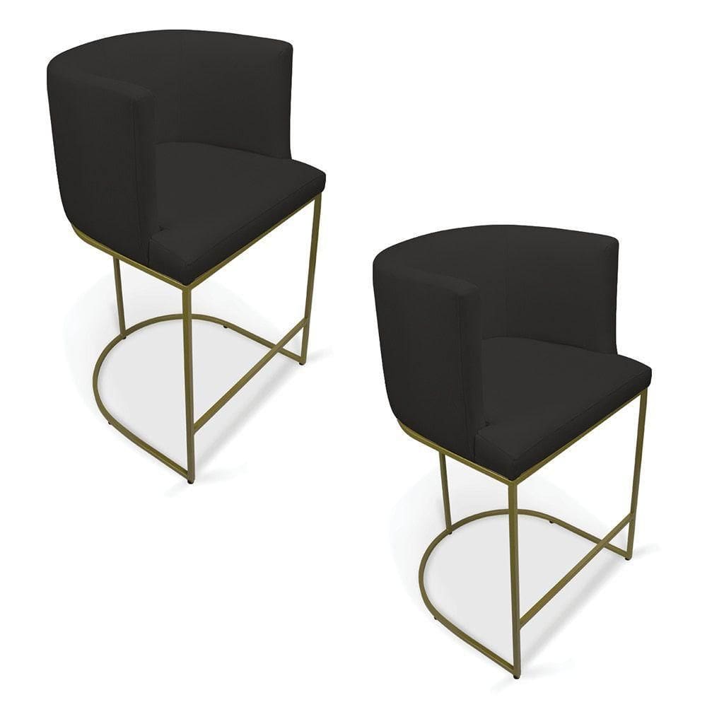 Kit 2 Banquetas Paola Linho Preto A79 Base Metálica Dourada - D`rossi