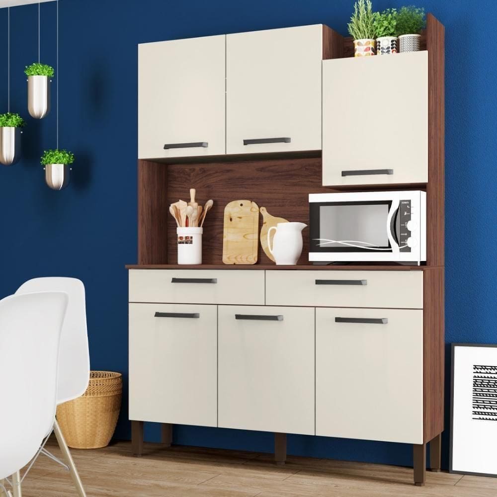 Armário De Cozinha Compacta 6 Portas 2 Gavetas Modena - Nogueira-off White