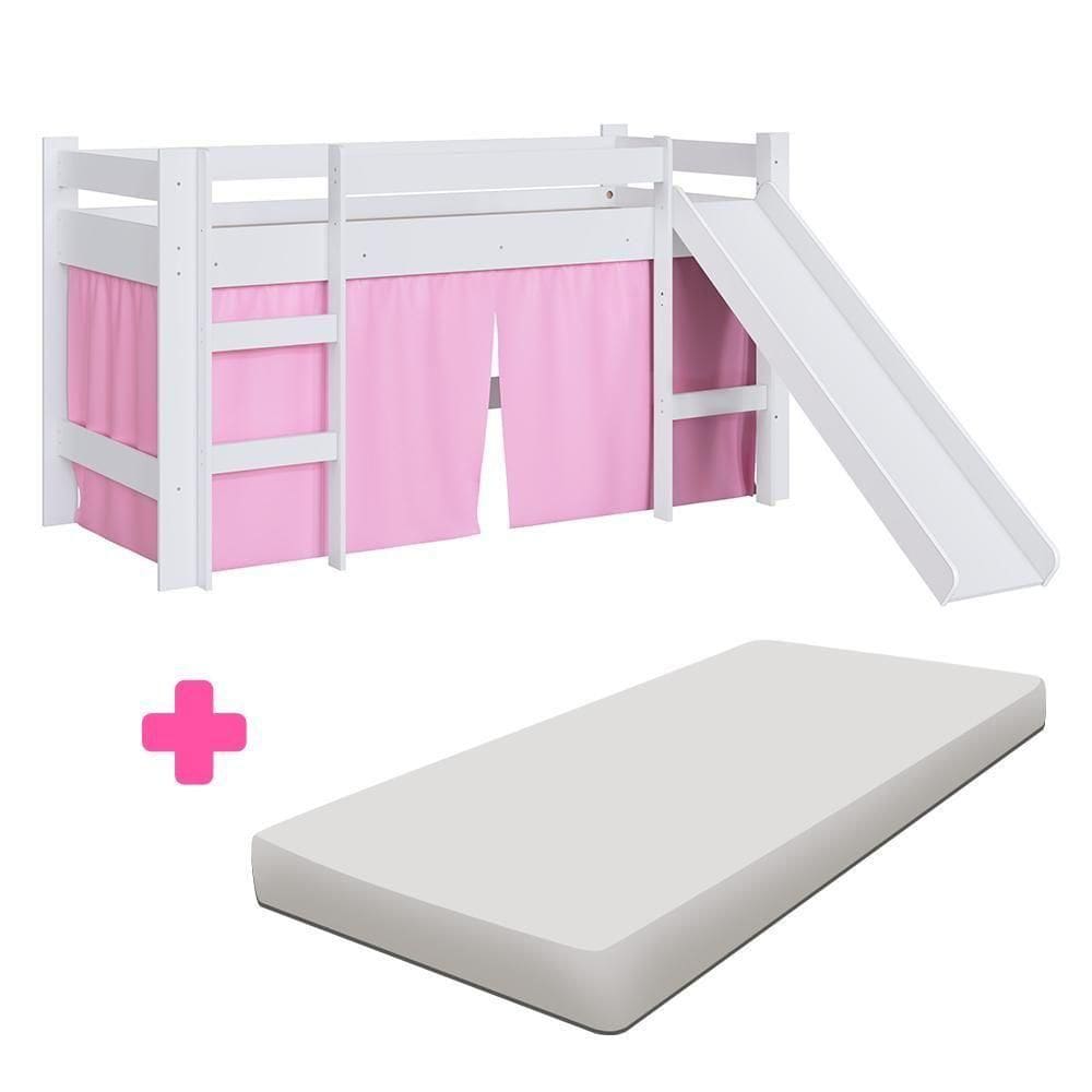 Cama Solteiro Branco Cortina Rosa Com Colchão