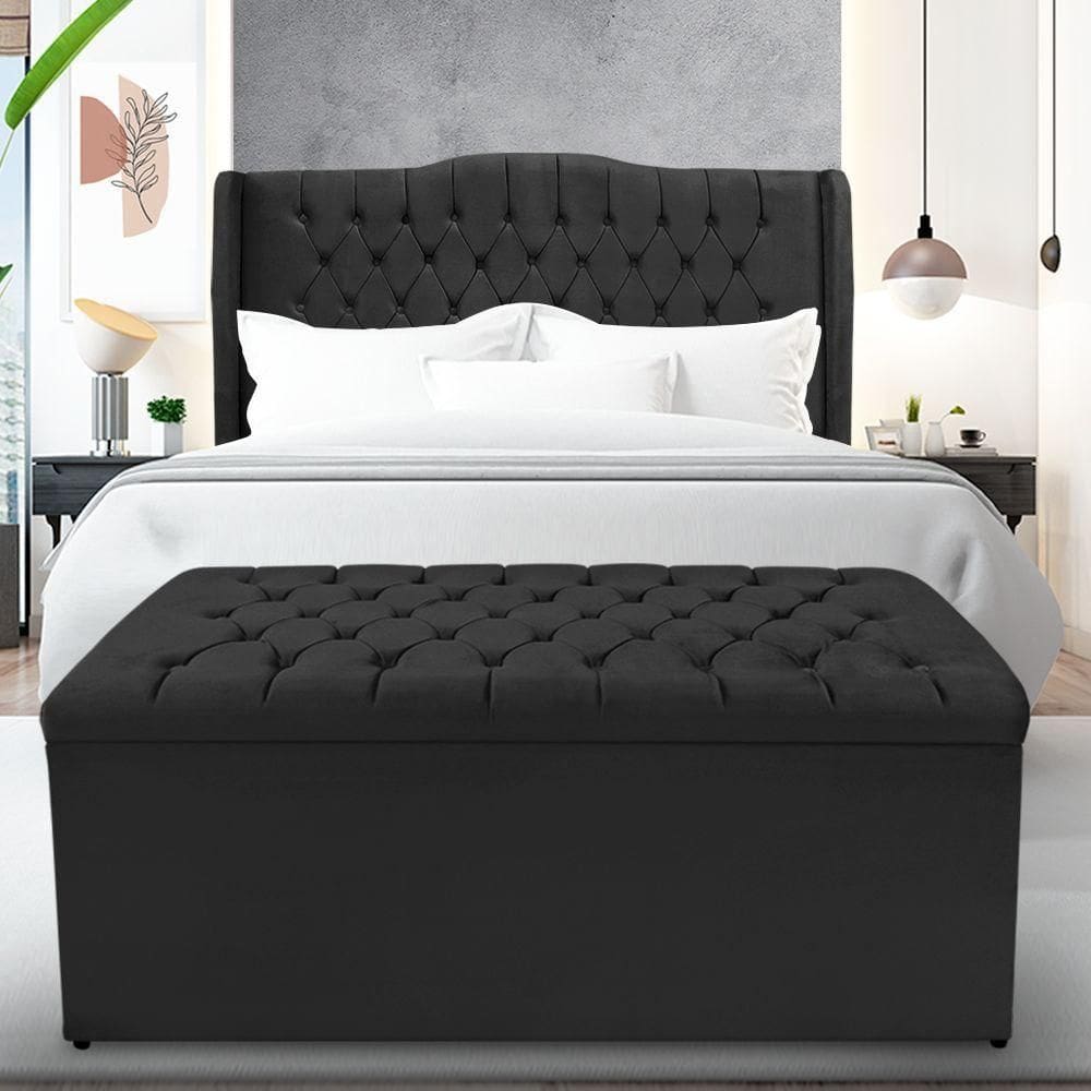Kit Cabeceira E Calçadeira Baú Dubai Casal 140 Cm - Veludo Preto