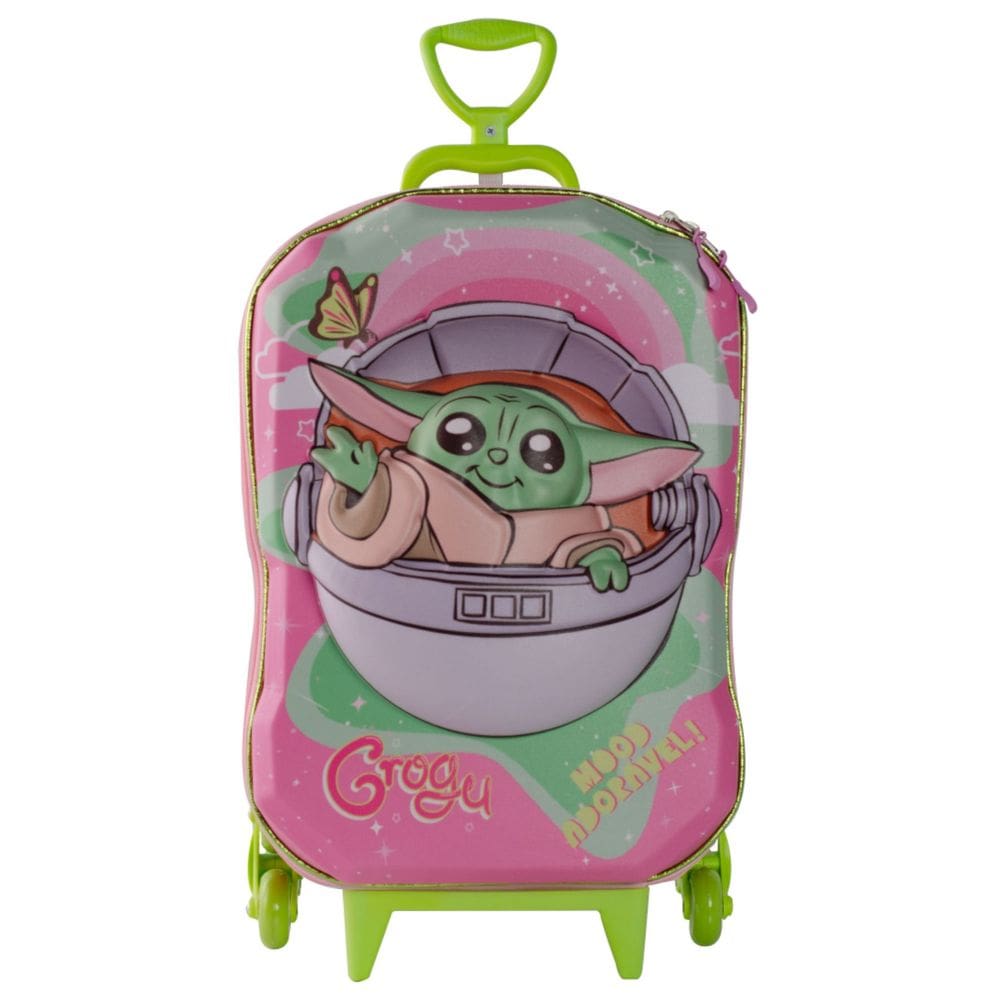 Mochila Escolar Roda Tripla Star Wars Grogu Rosa Infantil 3D