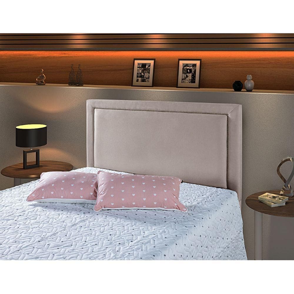 Cabeceira Casal Estofada Cama Box 1,40 Turim Com Framer Veludo Pavia Bege