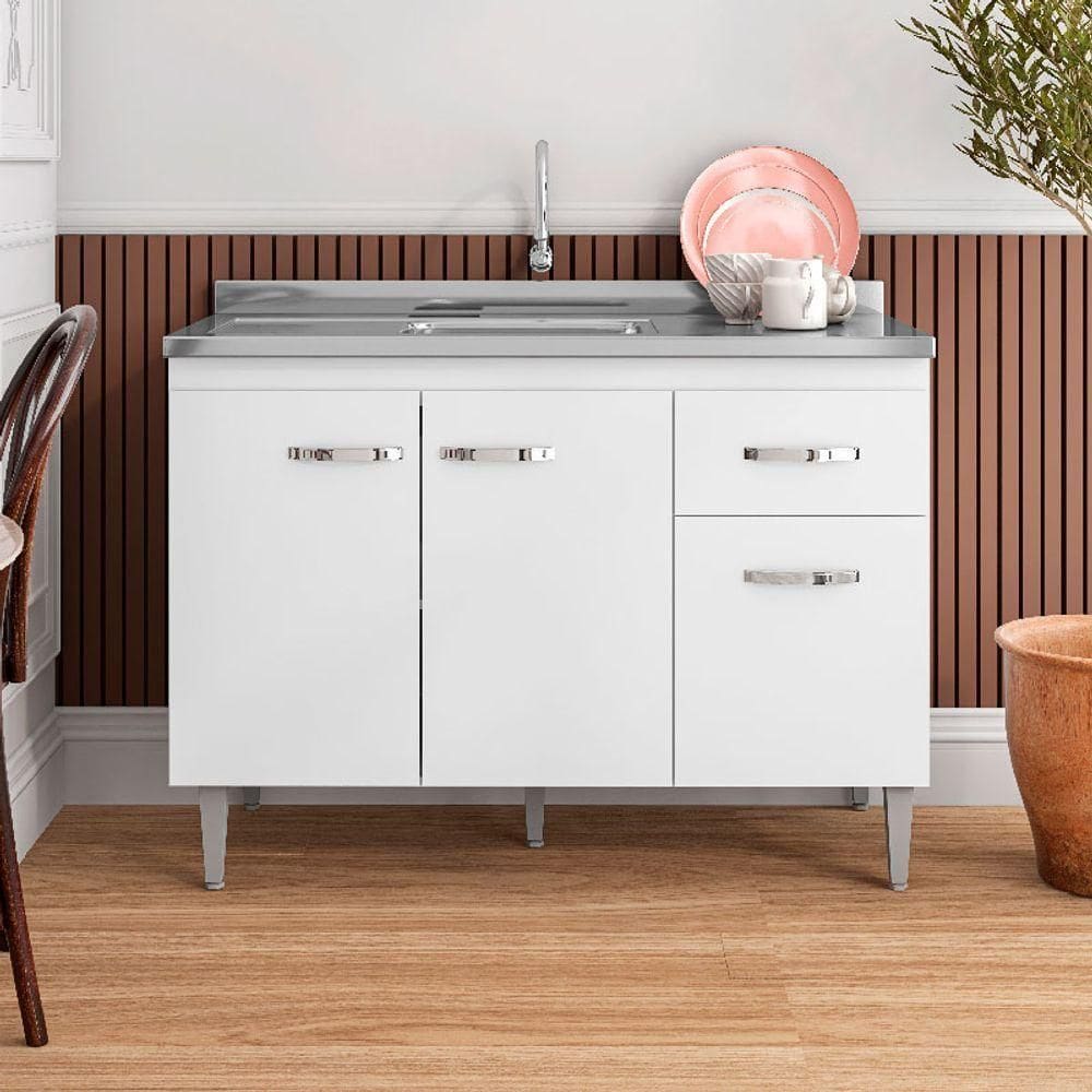 Balcão De Cozinha Para Pia Gabriela Flex 120cm 3 Portas 1 Gaveta Sem Tampo Branco - Ajl Móveis