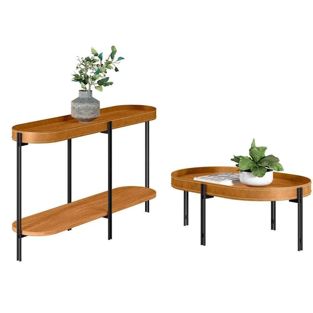 Kit Aparador Para Sala E Mesa De Centro Com Tampo Arredondado Mônica Nature