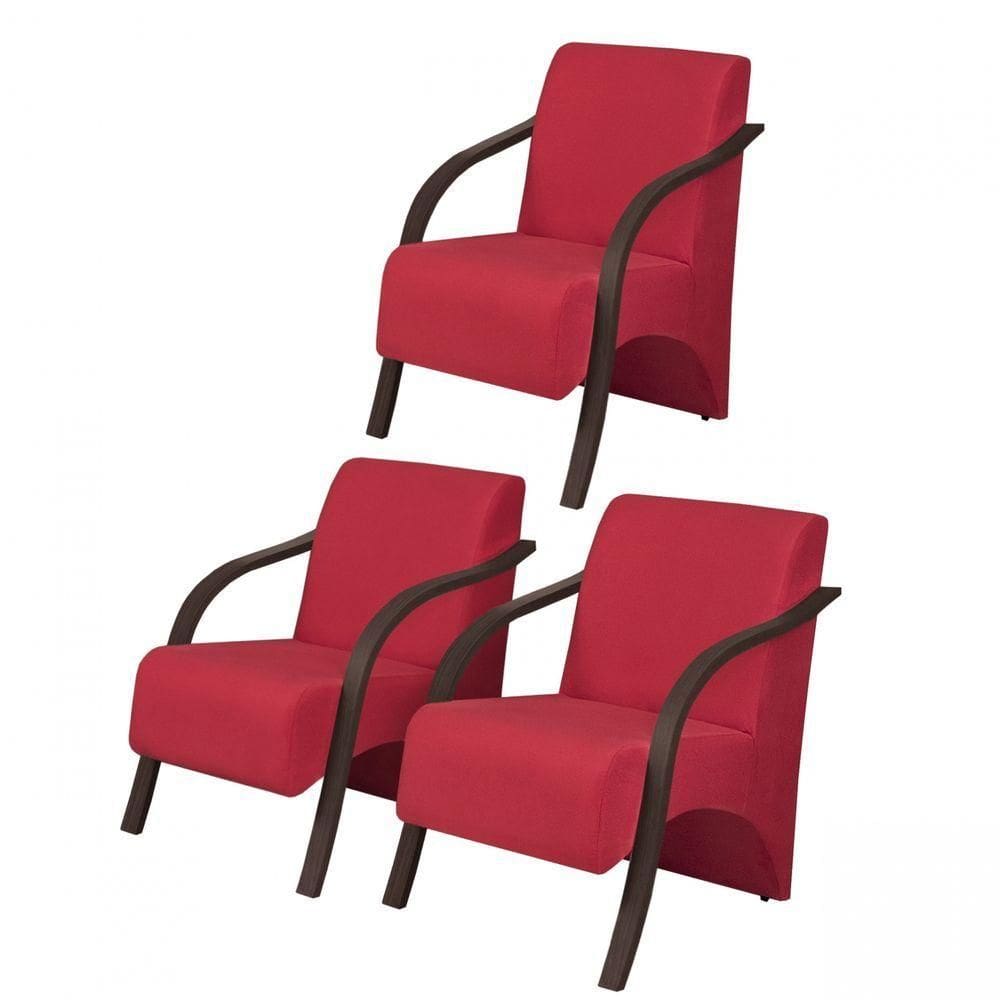 Kit C- 3 Poltronas De 1 Lugar Braço Madeira Dsalla Suede