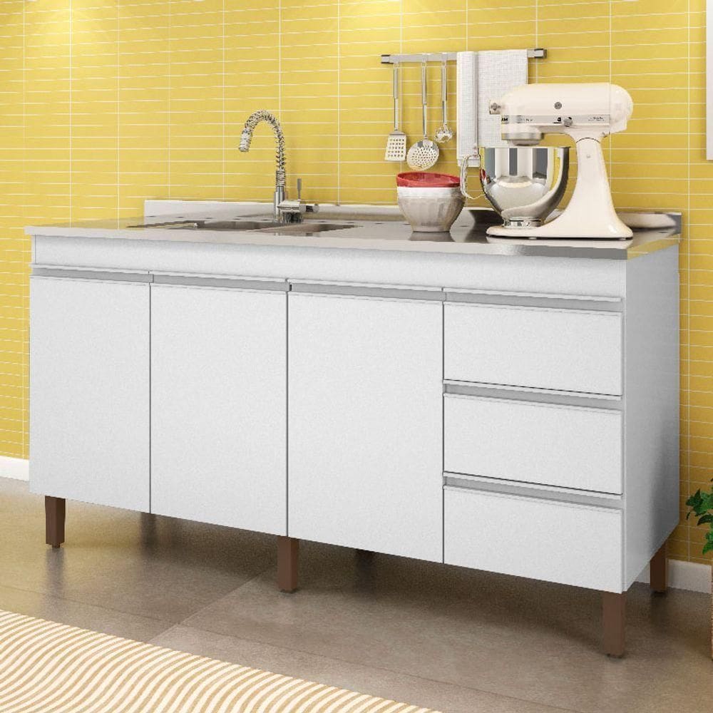 Balcão De Cozinha Karen 160cm Sem Tampo 3 Portas E 3 Gavetas Branco - Peternella Móveis