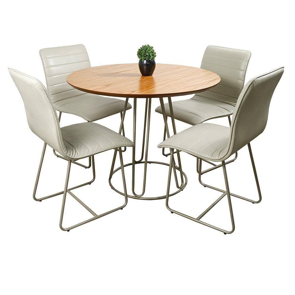 Conjunto Sala De Jantar Rubi Cinamono Com 4 Cadeiras Cristal Couro Pérola E Metal Champanhe