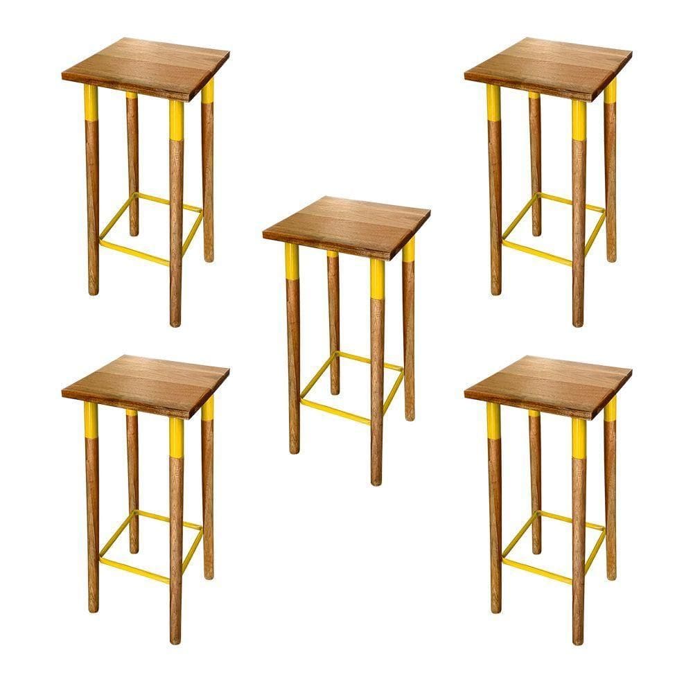 Kit 5 Banquetas Bistro Industrial Colors Ferro E Madeira Maciça - Amarela Amarelo