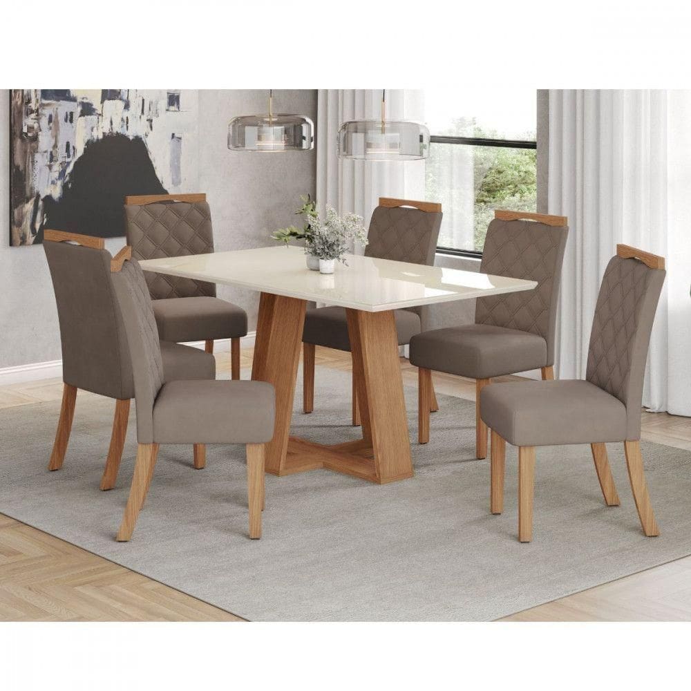 Conjunto De Mesa Henn Lins Com 6 Cadeiras Bella 1,60 Nature-off White-marrom Amêndoa