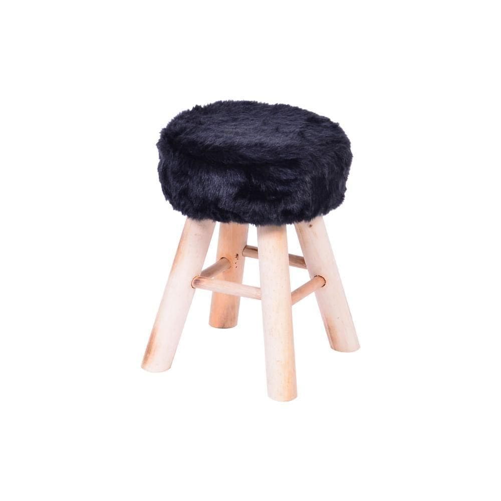 Puff Glamour Pelo Preto Base De Madeira