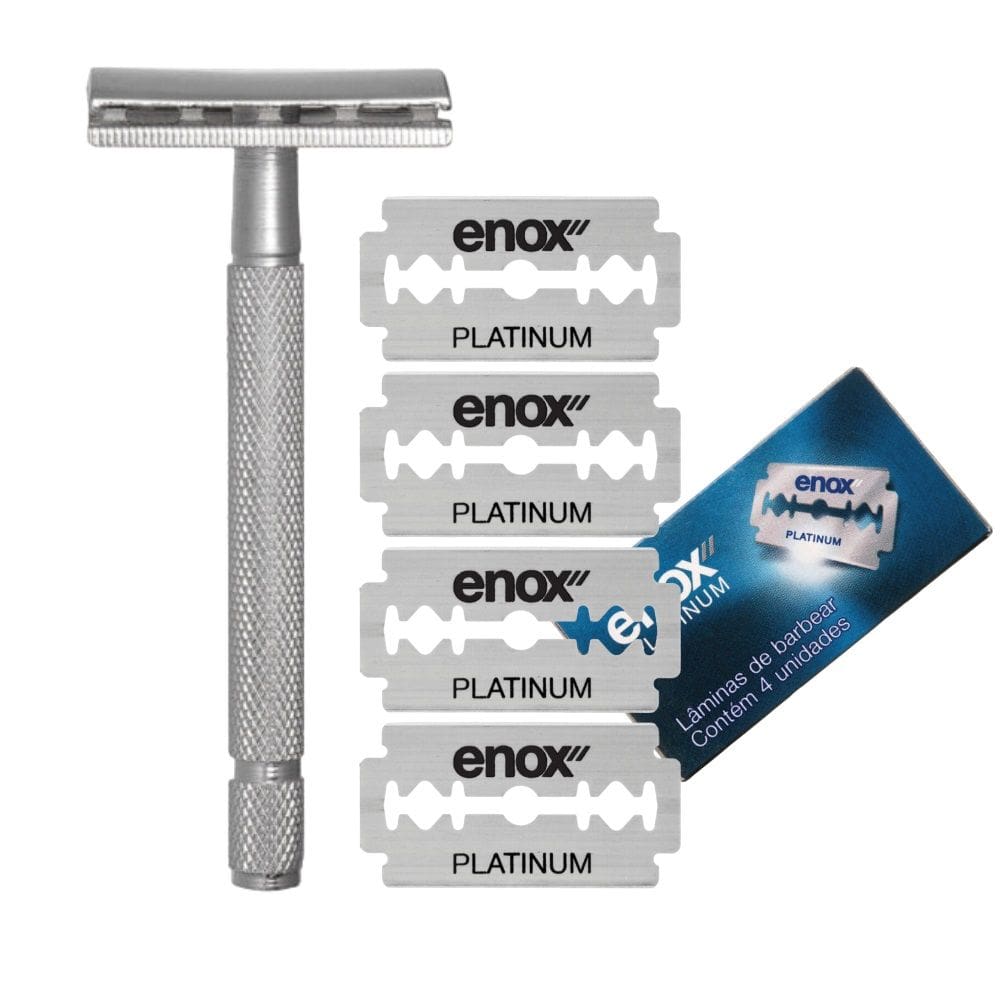 Aparelho De Barbear Clássico + 4 Lâminas Platinum Enox