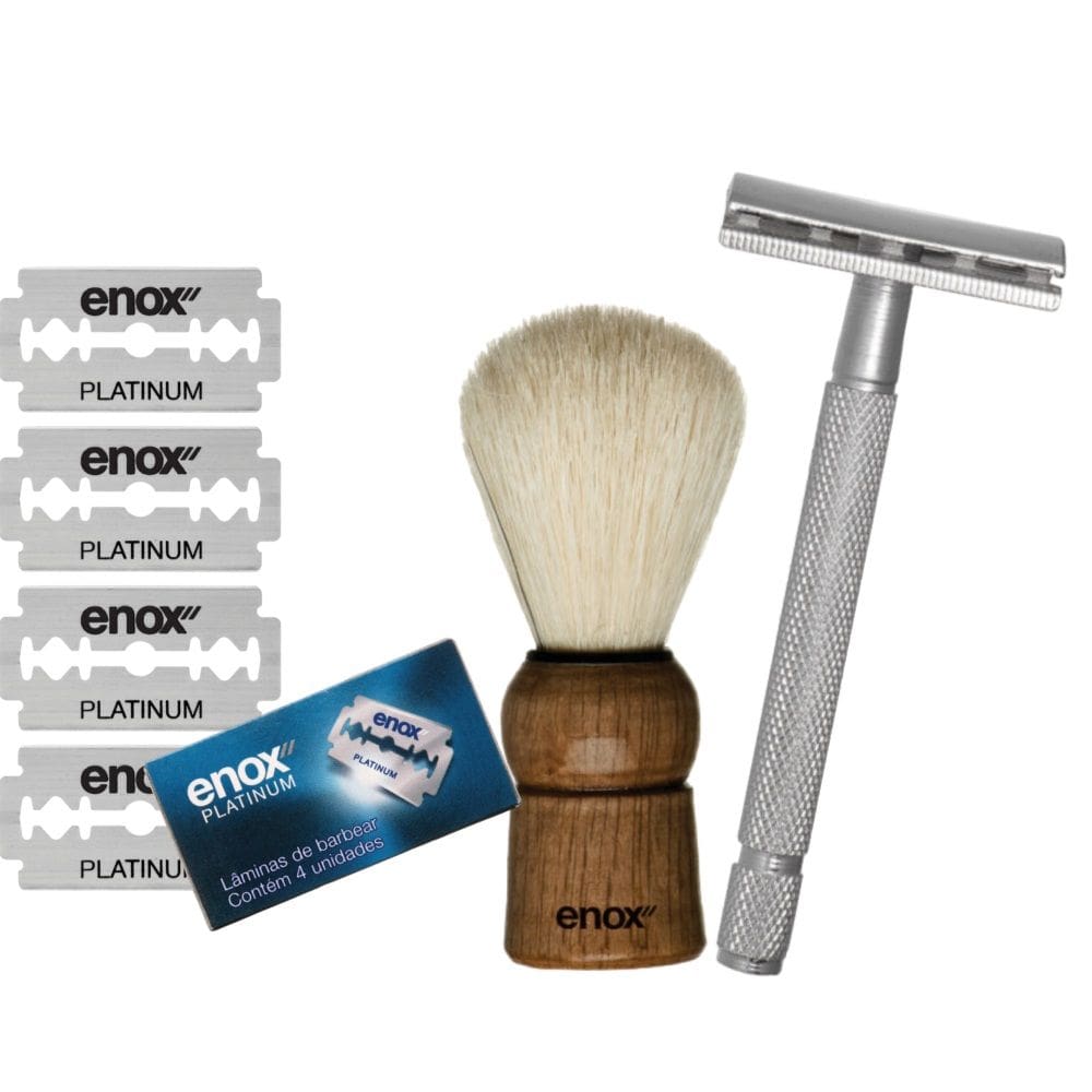 Aparelho De Barbear+4 Lâminas Fio Duplo+Pincel de Barba Enox