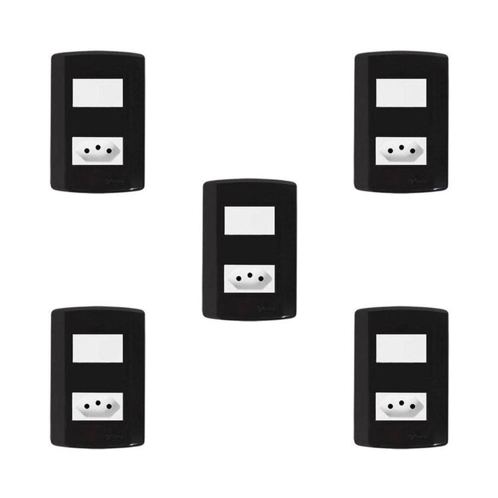 Conjunto de 5 Interruptores de 1 Tecla Simples e Tomada 2p+t 20A , Modular, com Placa 4x2 e Suporte Preto e Branco