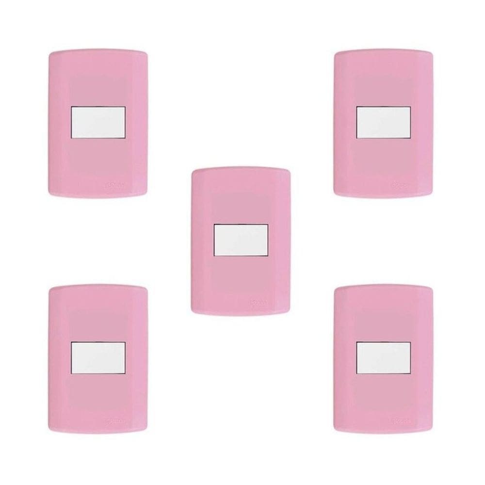 Conjunto de 5 Interruptores de 1 Tecla Simples, Modular, com Placa 4x2 e Suporte Rosa e Branco
